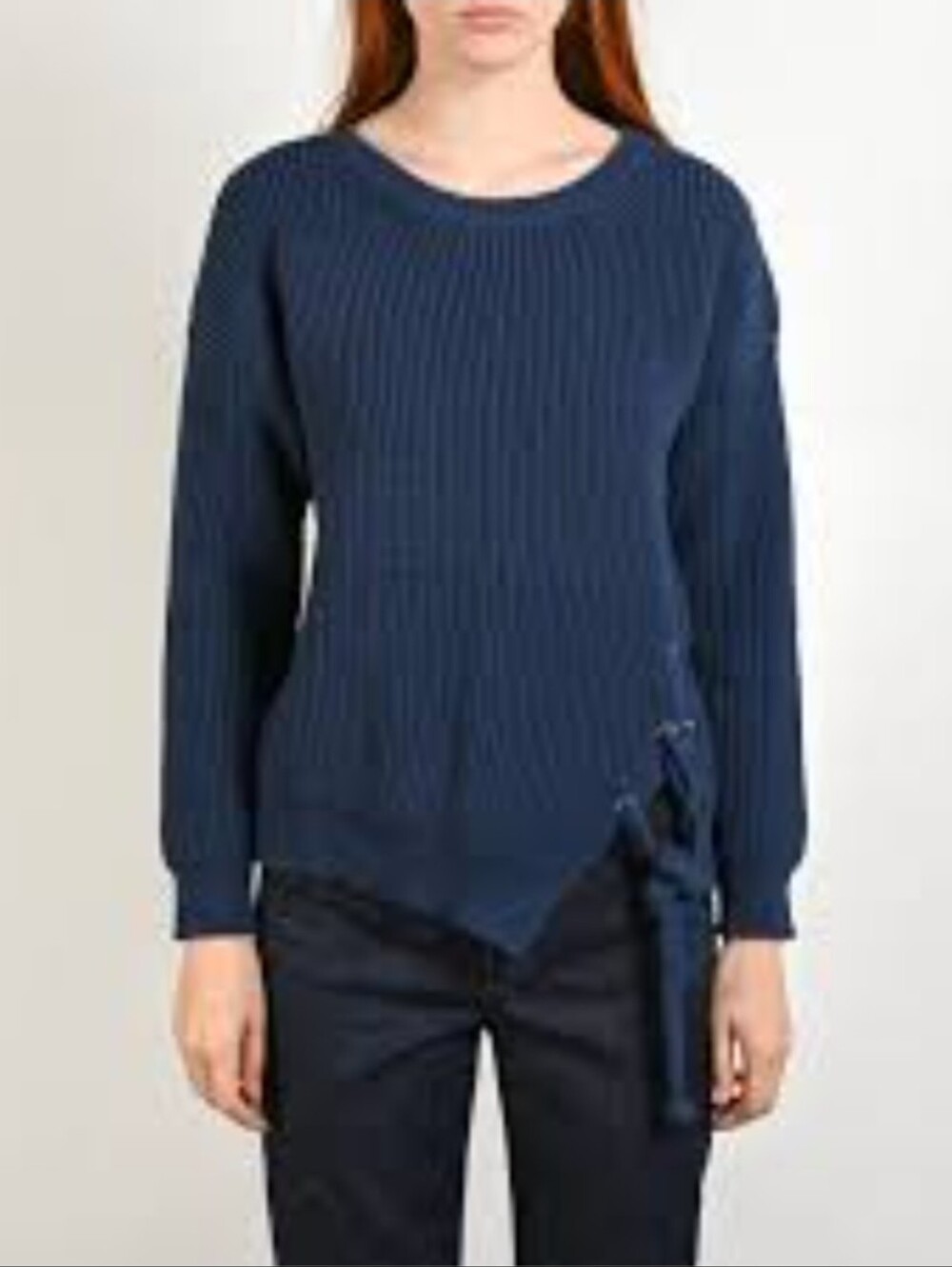 MaxMara Navy Ribbed Knit Crewneck Sweater with Side Tie Size S